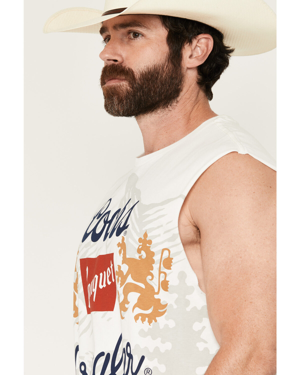 Image #2 - Wrangler X Coors Banquet Men's Logo Cutoff Muscle T-Shirt, Off White, hi-res