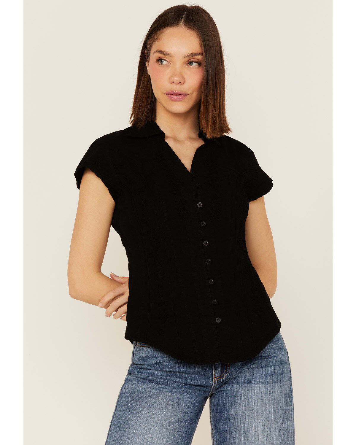 Image #2 - Scully Women's Cap Sleeve Cantina Shirt, Black, hi-res