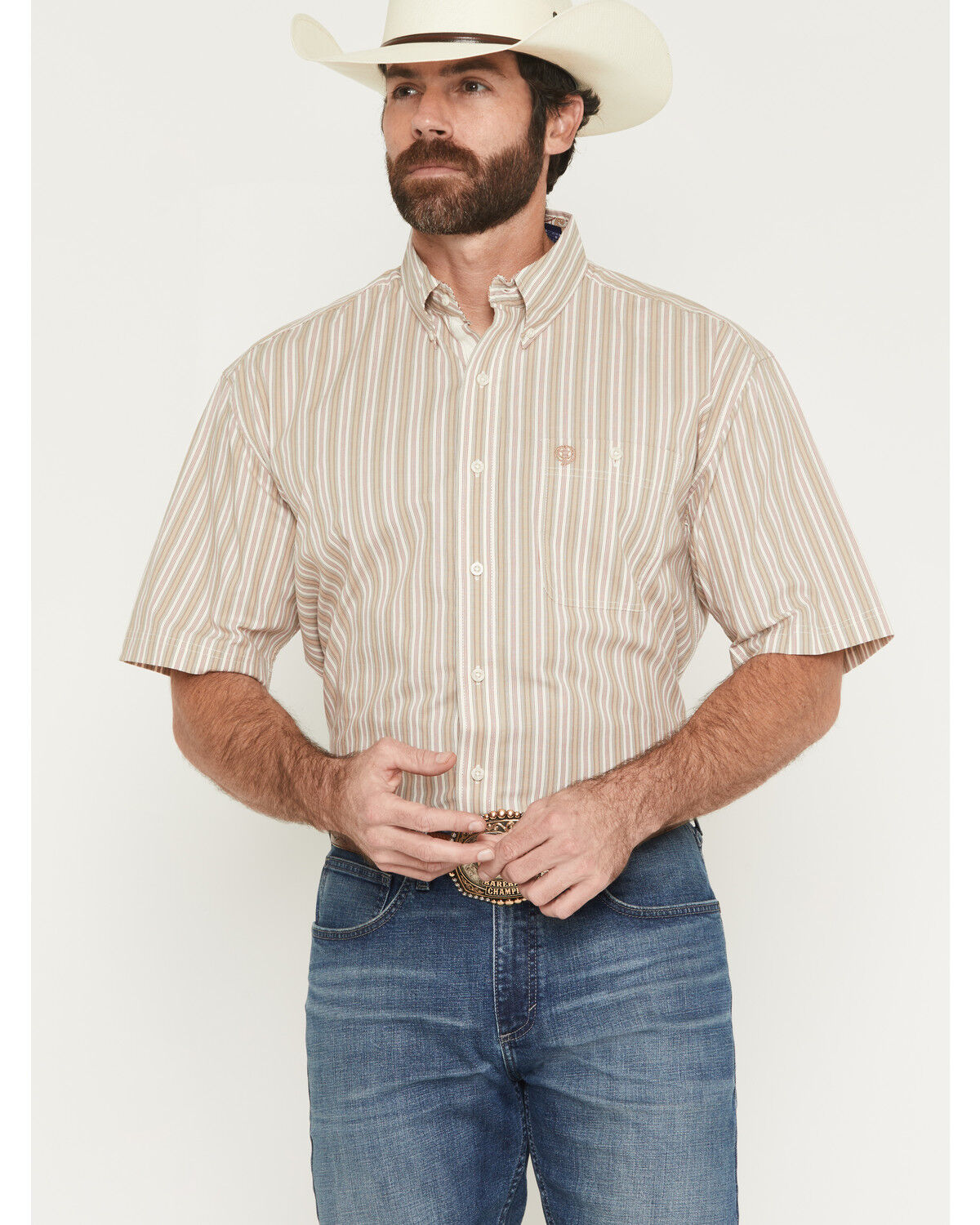 Image #1 - George Strait by Wrangler Men's Striped Short Sleeve Button-Down Stretch Western Shirt, Tan, hi-res