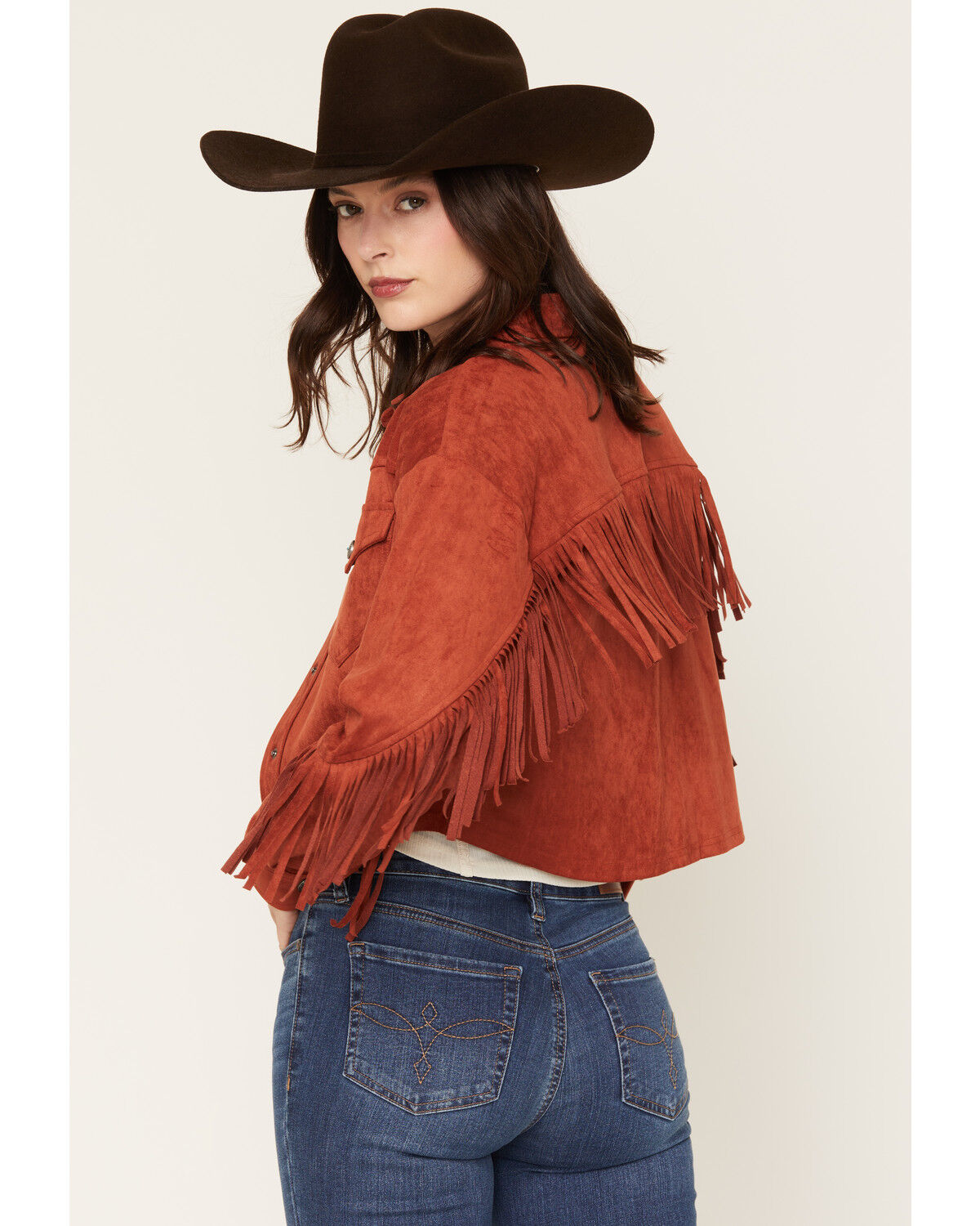 Image #4 - Shyanne Women's Sierra Faux Suede Trucker Jacket, Brick Red, hi-res