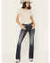 Image #3 - Miss Me Women's Medium Wash Mid Rise Fleur de Lis Pocket 30" Bootcut Stretch Denim Jeans, Medium Wash, hi-res