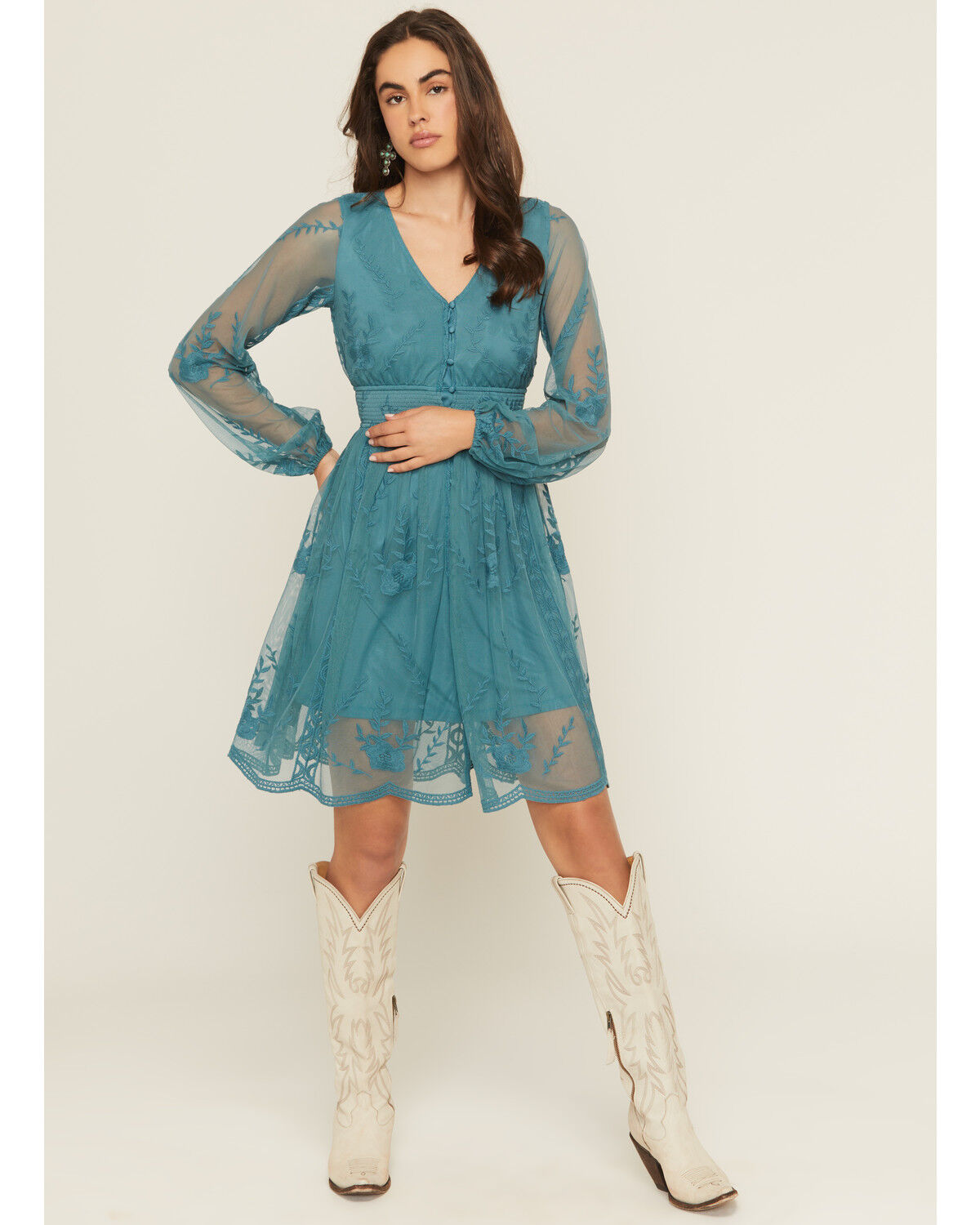 Shyanne Women's Embroidered Mesh Long Sleeve Button Front Mini Dress, Turquoise, hi-res