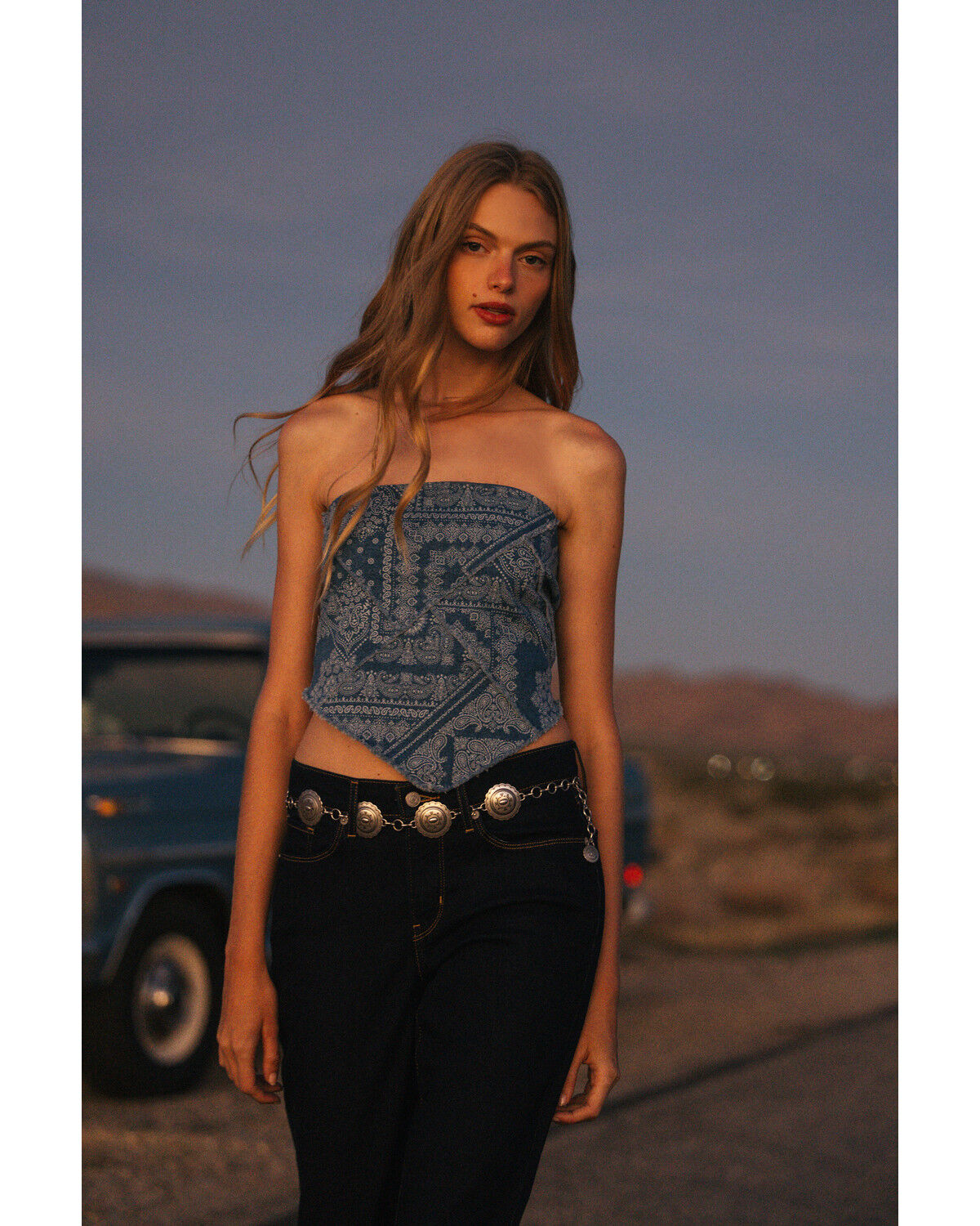 Cleo + Wolf Women's Bandana Print Strapless Denim Tie Shirt, Medium Wash, hi-res