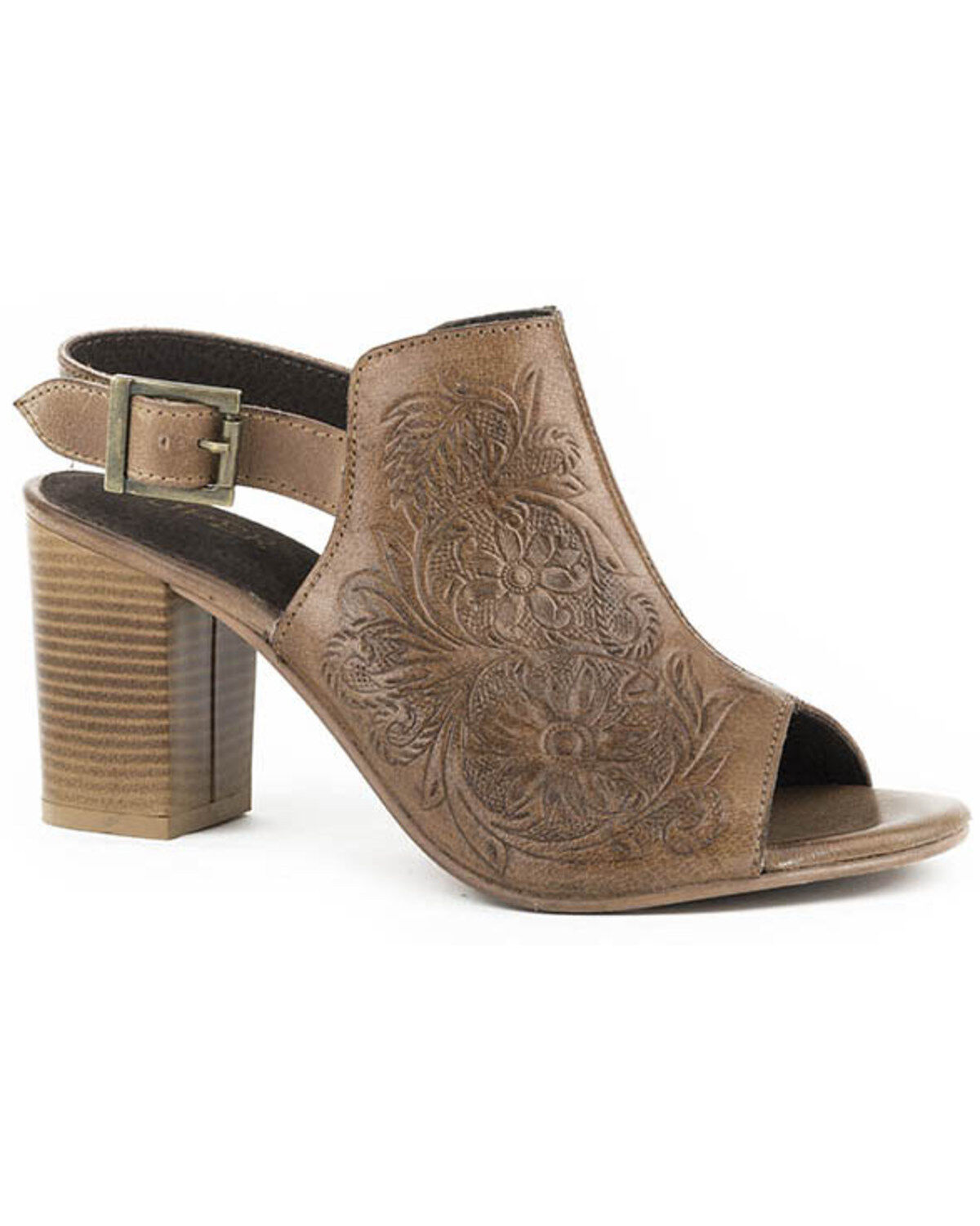 Roper Women's Beige Floral Tooled Leather Sandals, Tan, hi-res