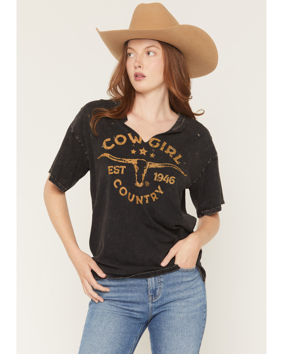 Image #1 - Rock & Roll Denim Women's Cowgirl Steerhead Short Sleeve Graphic Tee, Black, hi-res