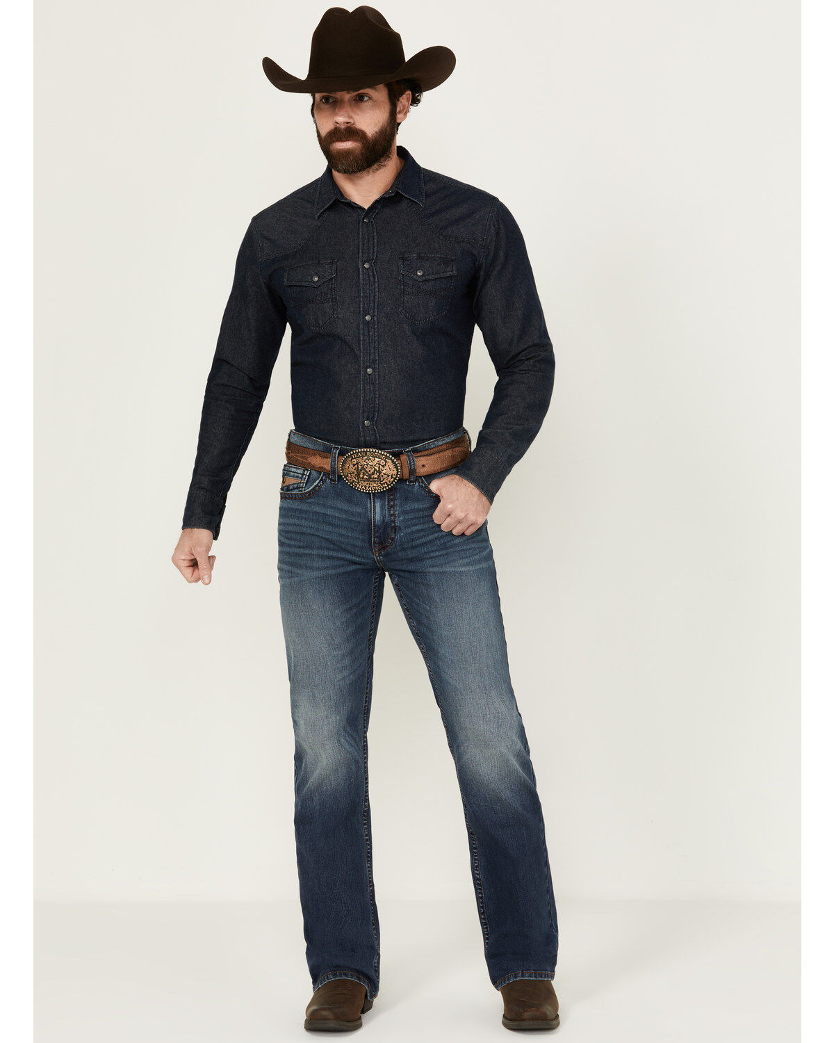 RANK 45&reg; Men's Yuma Wash Trigger Slim Bootcut Performance Stretch Denim Jeans, Blue, hi-res