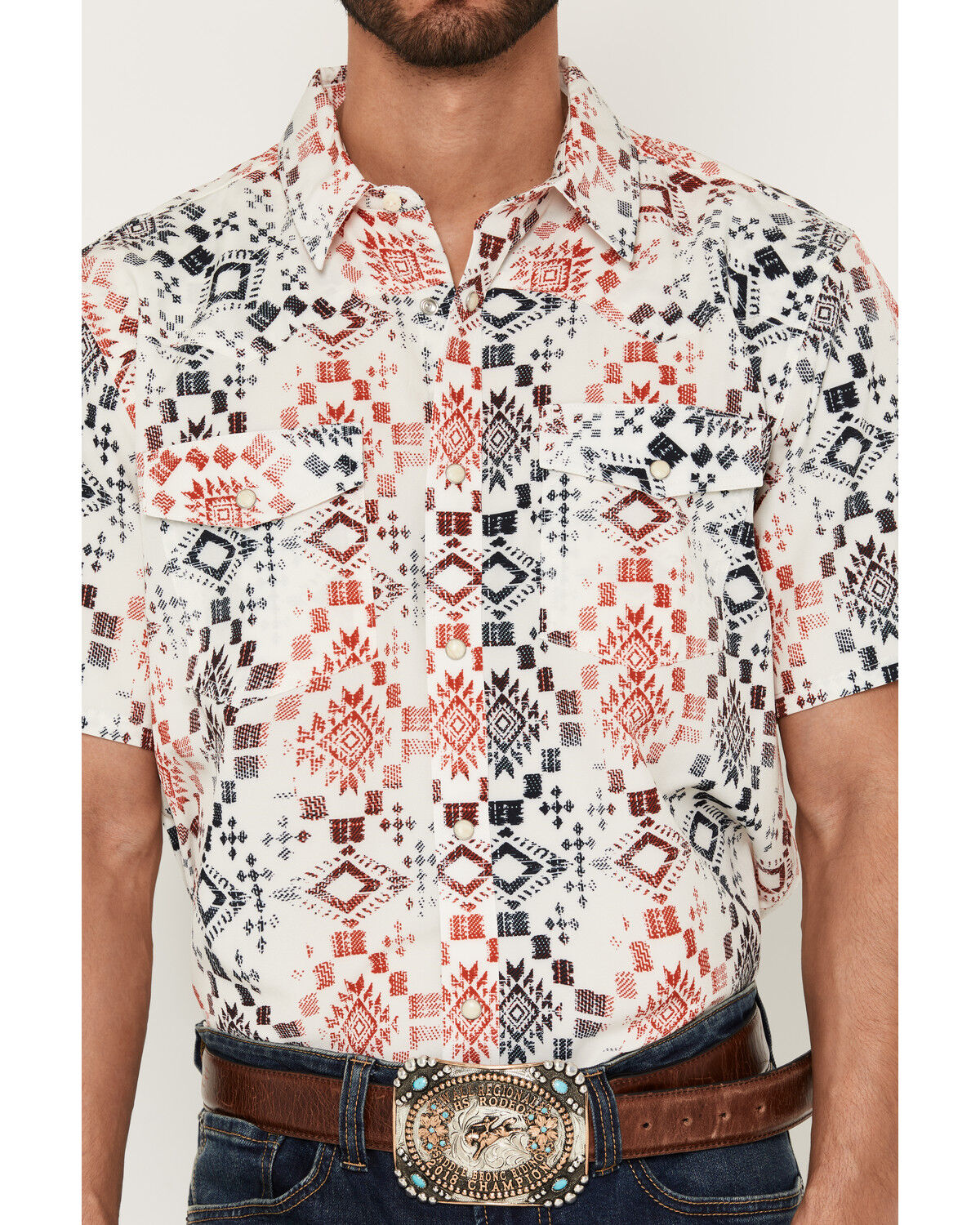 Image #3 - RANK 45&reg; Men's RODEOTEK&trade; 2.0 Everglades Southwestern Print Short Sleeve Snap Stretch Western Shirt, Red, hi-res