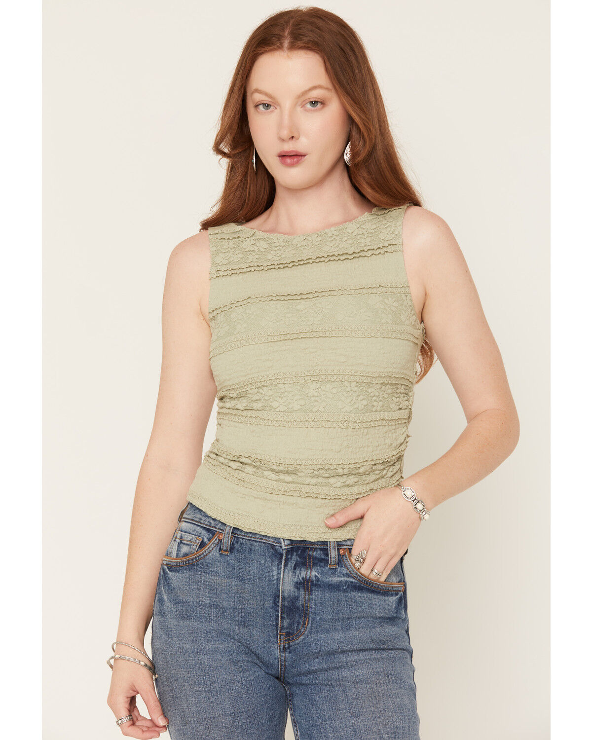 Image #1 - Cleo + Wolf Women's Lace Ruched Tank Top, Mint, hi-res