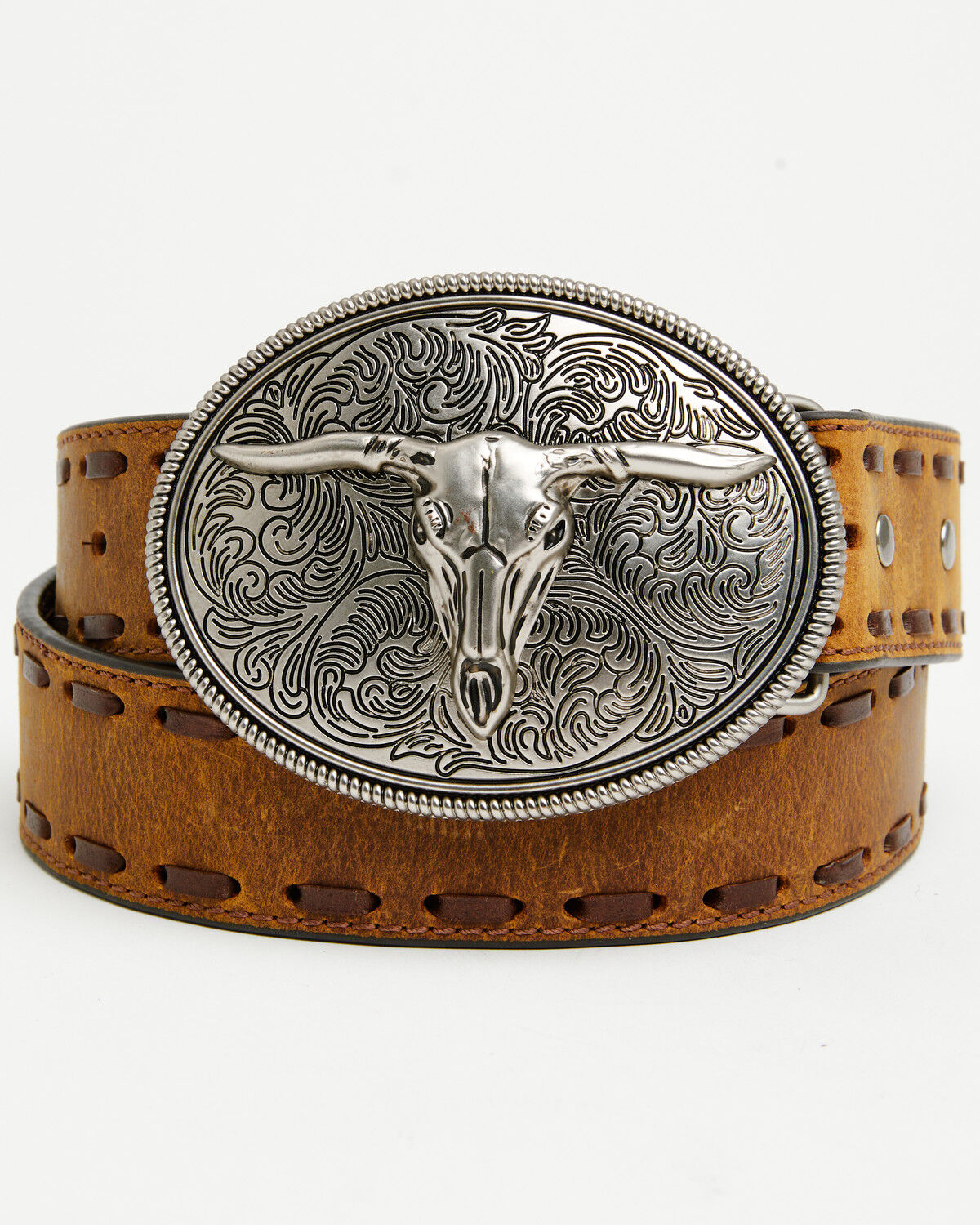 Image #1 - Cody James Men's Longhorn Whipstitch Buckle Belt, Brown, hi-res