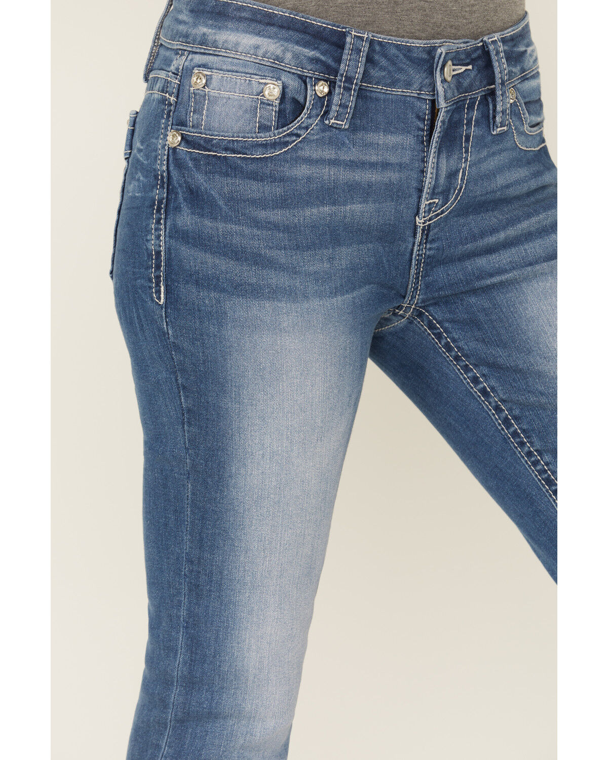 Image #3 - Shyanne Women's Mid Rise Medium Wash Bootcut Paisley Faux Flap Stretch Denim Jeans, Medium Wash, hi-res