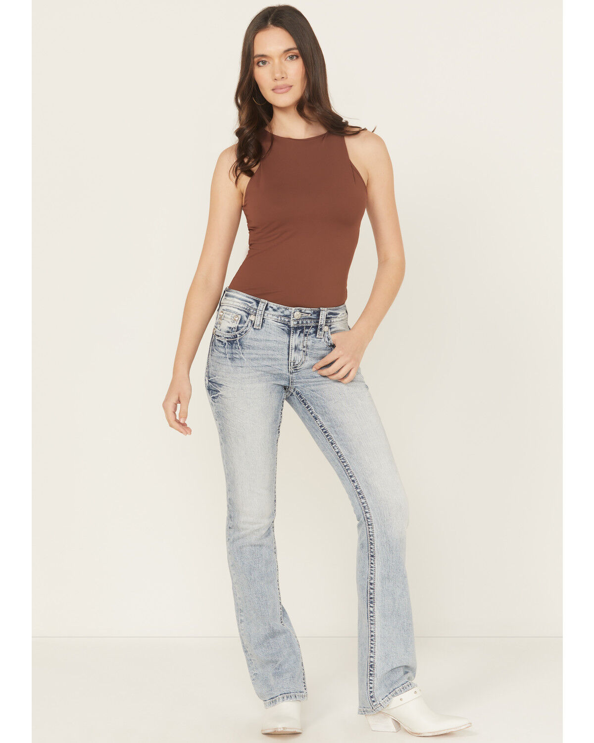 Image #3 - Miss Me Women's Medium Wash Mid Rise Americana Fleur de Lis 34" Bootcut Stretch Denim Jeans, Medium Wash, hi-res