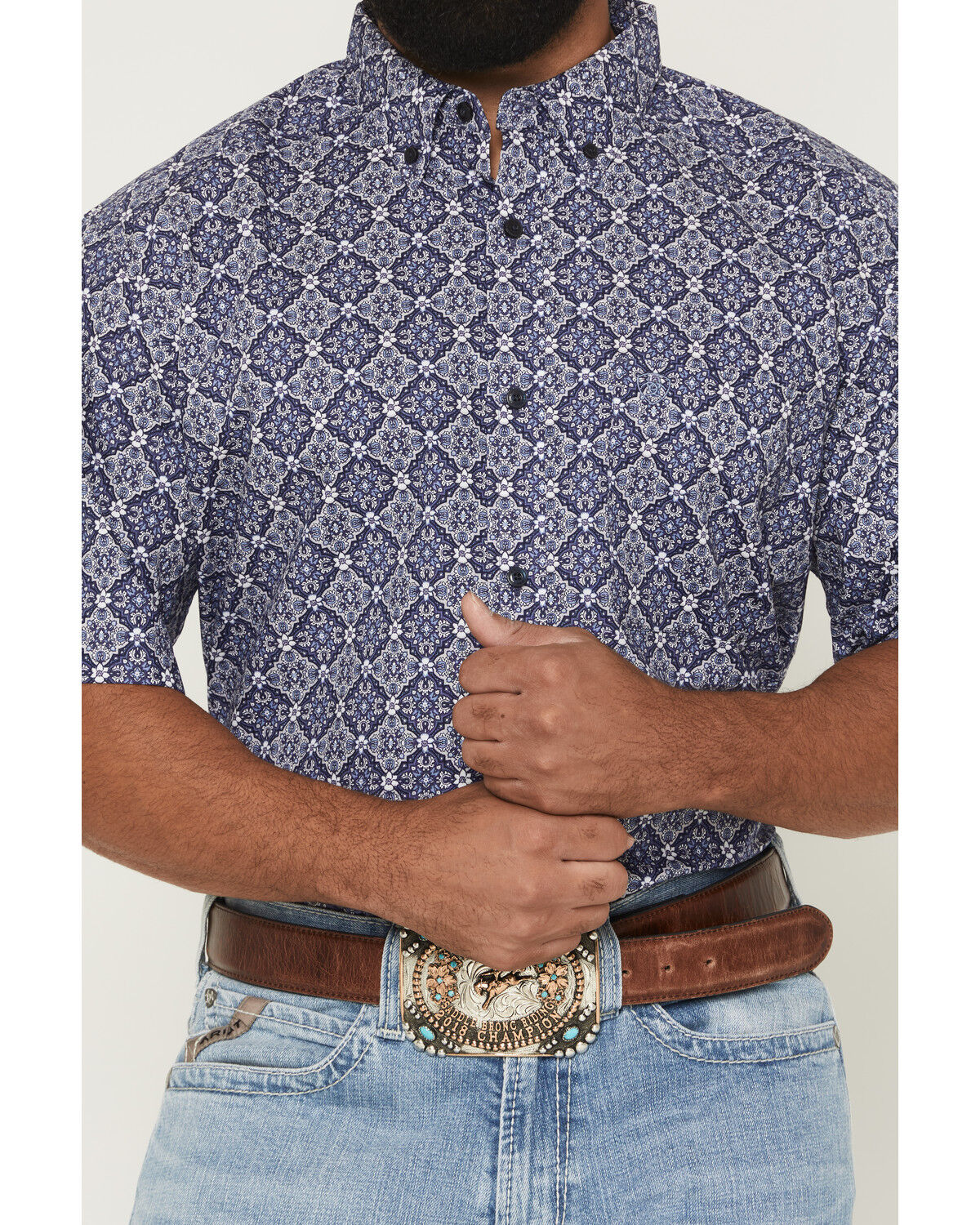 Image #3 - Ariat Men's Bill Medallion Print Short Sleeve Button-Down Western Shirt - Tall, Blue, hi-res