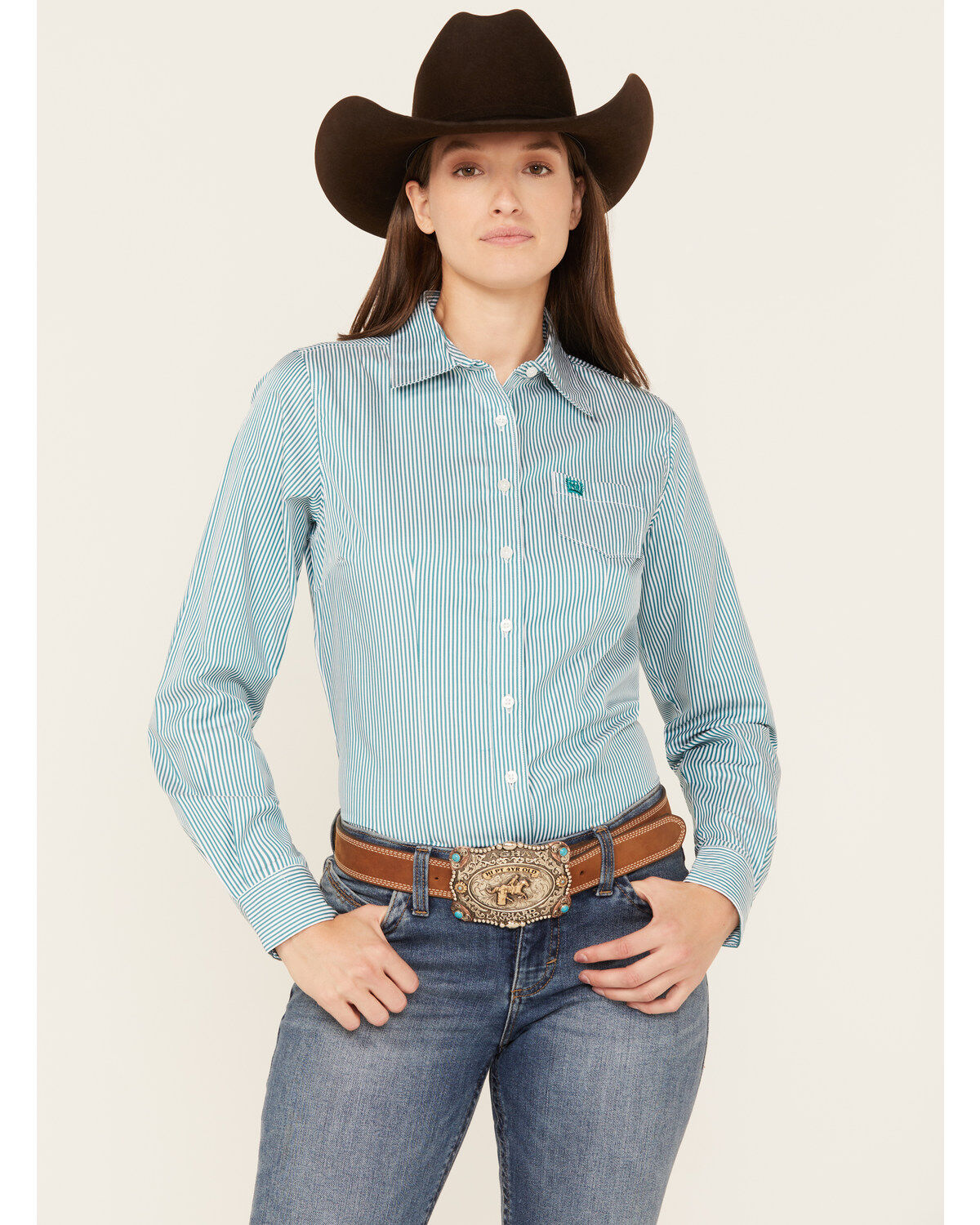 Cinch Women's TENCEL&trade; Striped Long Sleeve Button-Down Western Core Shirt, Teal, hi-res
