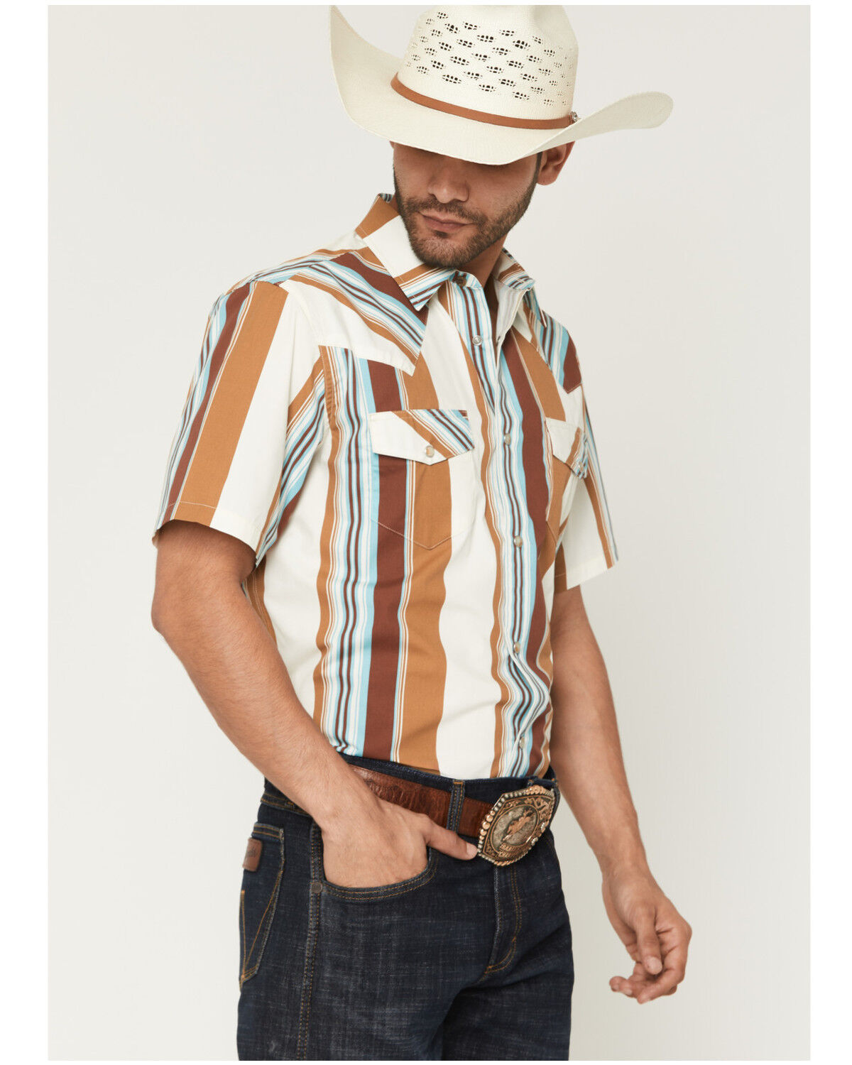 Gibson Trading Co Men's Retro Stripes Short Sleeve Snap Western Shirt -Tall, Rust Copper, hi-res
