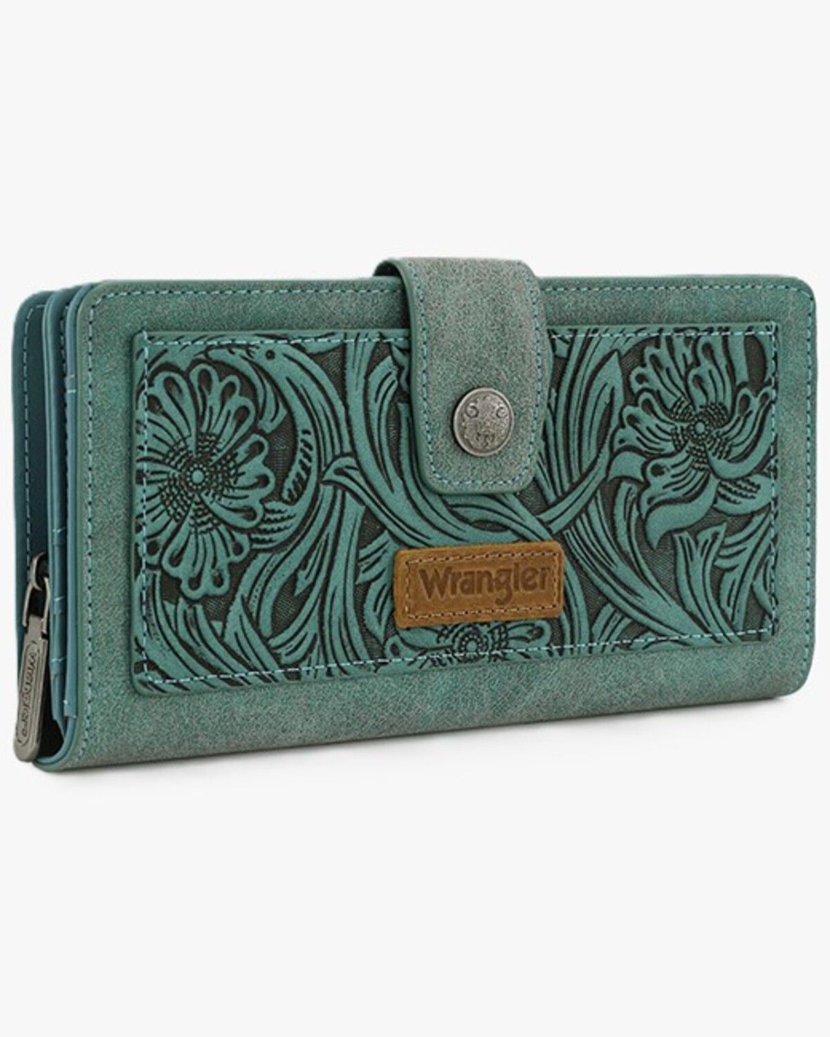 Image #1 - Wrangler Women's Floral Tooled Wallet, Turquoise, hi-res