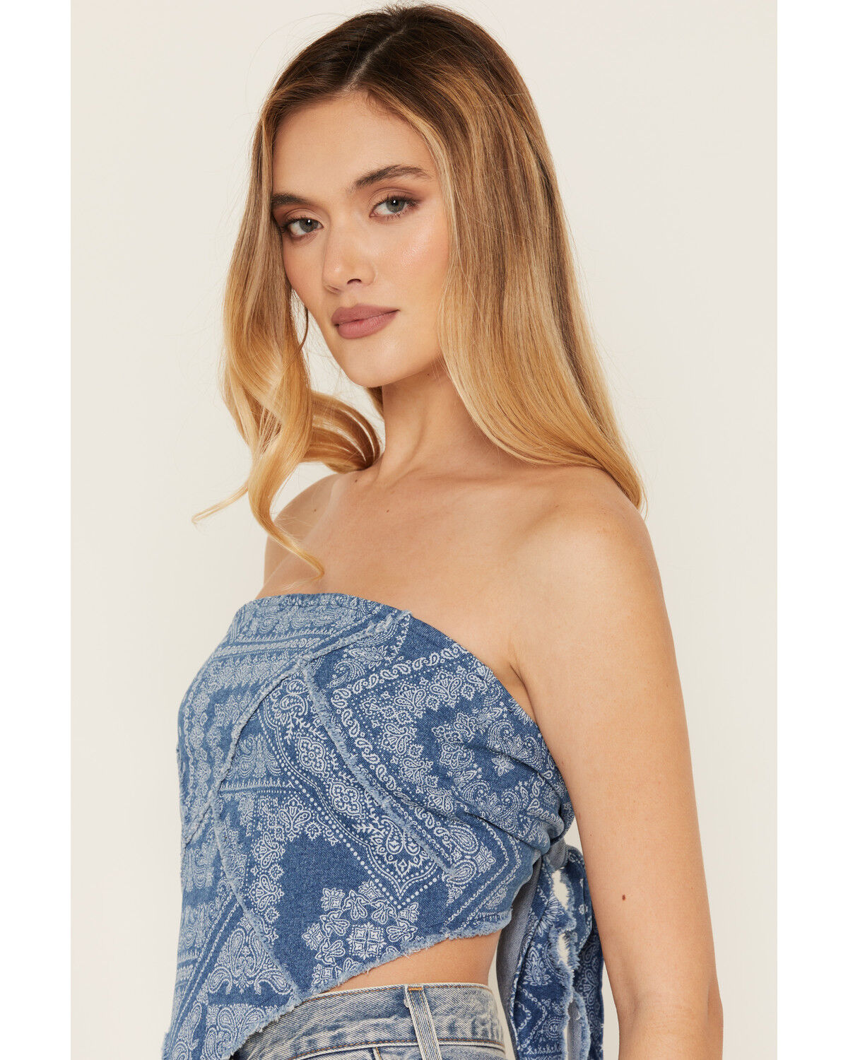 Image #4 - Cleo + Wolf Women's Bandana Print Strapless Denim Tie Shirt, Medium Wash, hi-res
