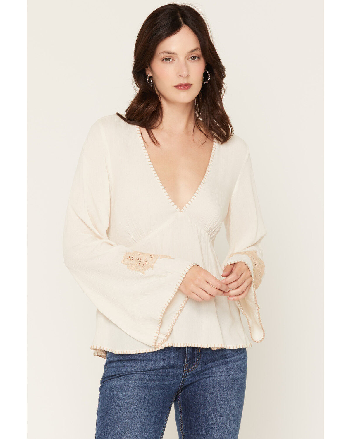 Shyanne Women's Ridley Deep V Neck Long Sleeve Top, Natural, hi-res