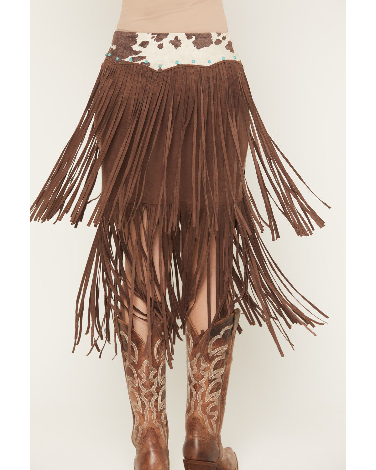 Image #4 - Shyanne Women's Raven Cow Print Faux Suede Fringe Mini Skirt, Brown, hi-res