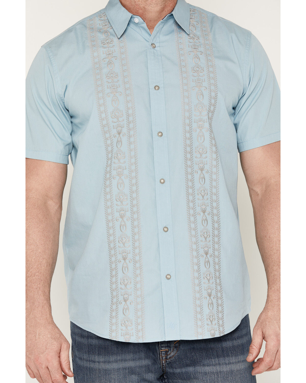 Image #3 - Moonshine Spirit&reg; Men's Gaucho Embroidered Short Sleeve Snap Western Shirt, Light Blue, hi-res