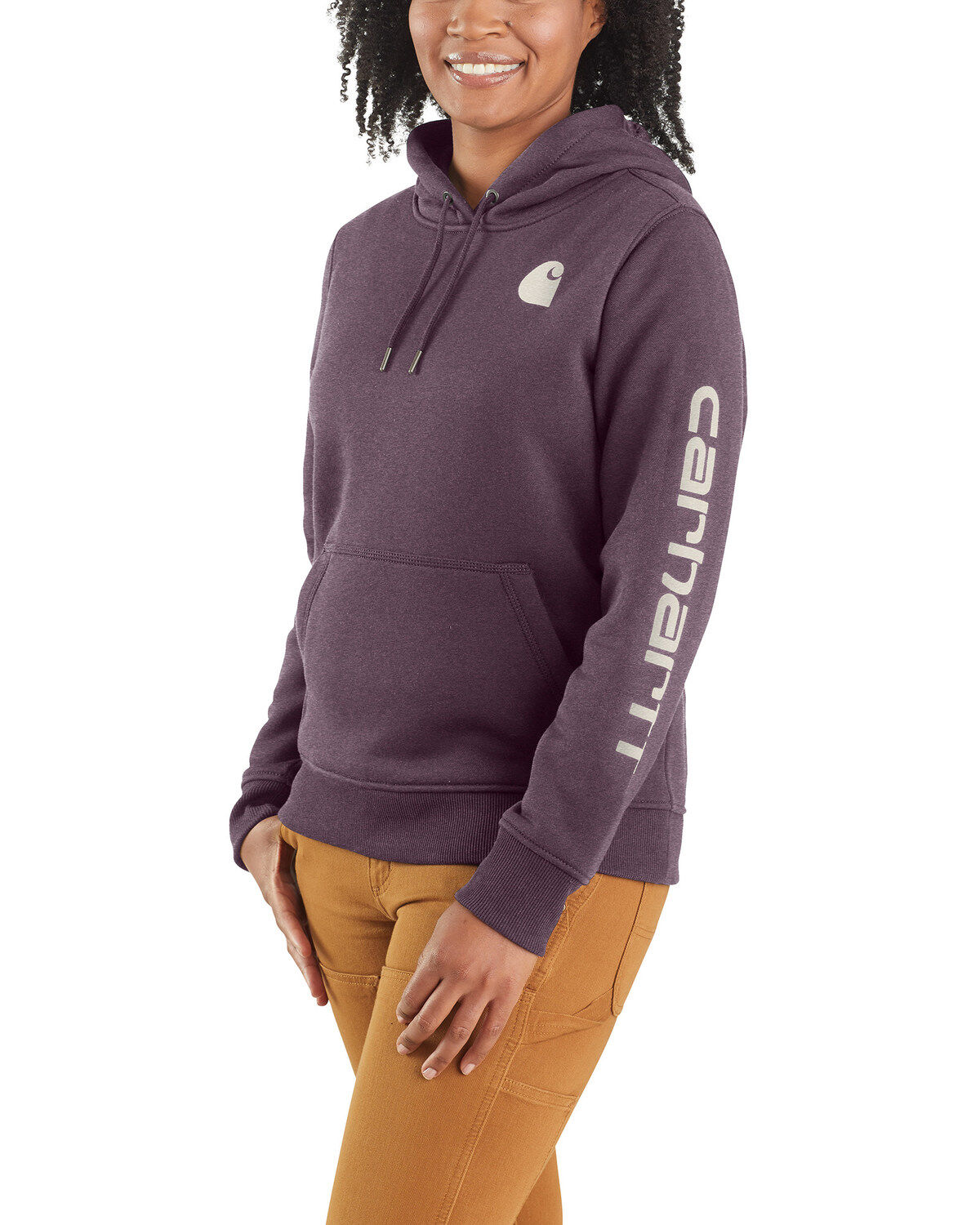 Carhartt Women's Relaxed Fit Heather Logo Sleeve Graphic Work Hoodie, Purple, hi-res