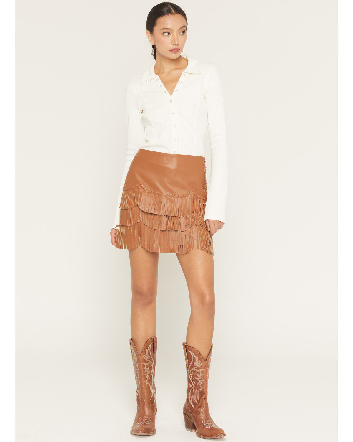 Image #2 - Idyllwind Women's Irene Fringe Faux Leather Skirt, Caramel, hi-res