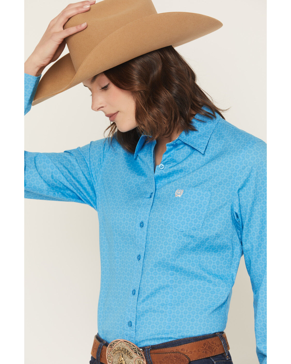 Image #2 - Cinch Women's Tonal Medallion Print Long Sleeve Button-Down Western Shirt, Blue, hi-res