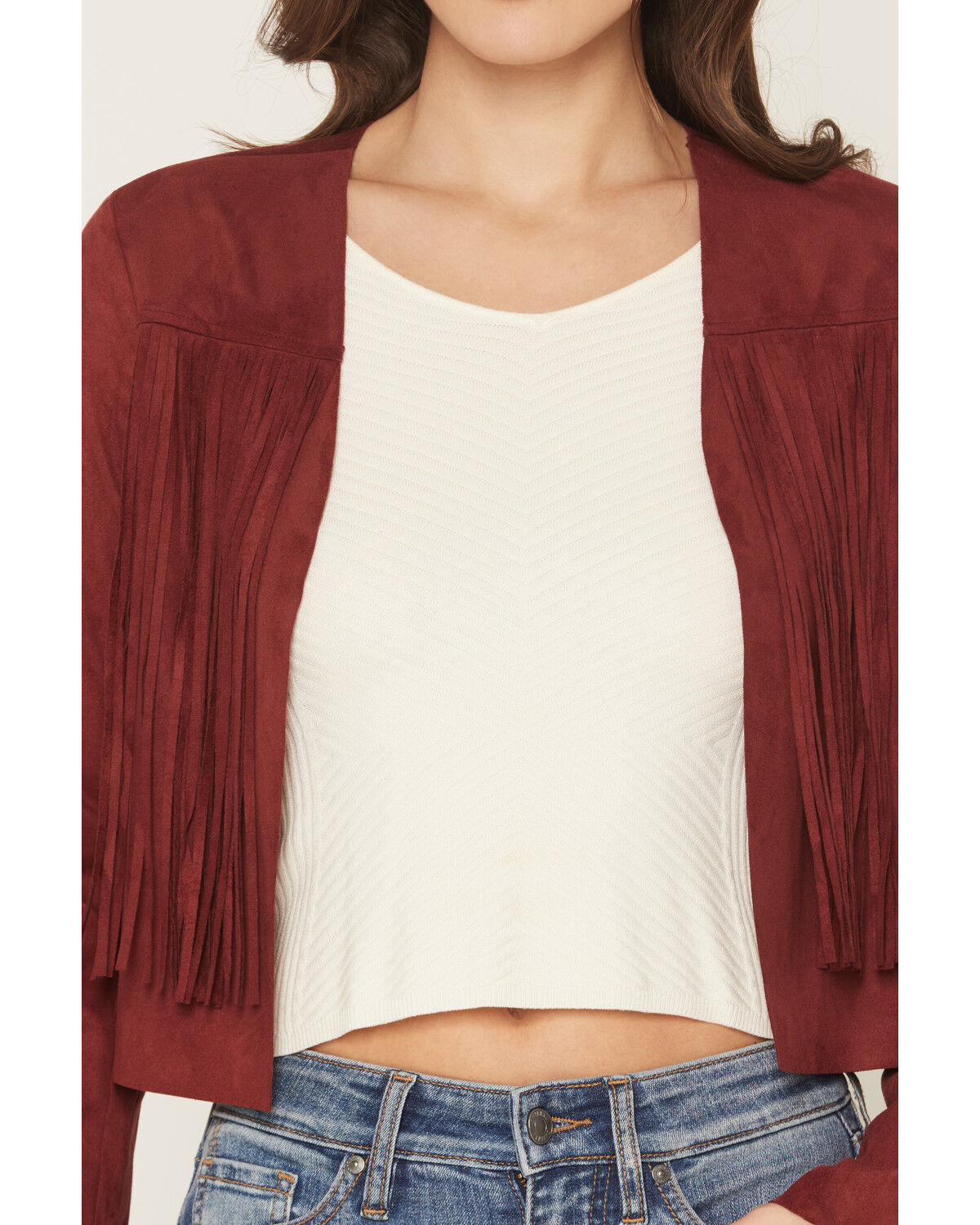 Image #3 - Shyanne Women's Deleon Faux Suede Cropped Fringe Jacket, Burgundy, hi-res