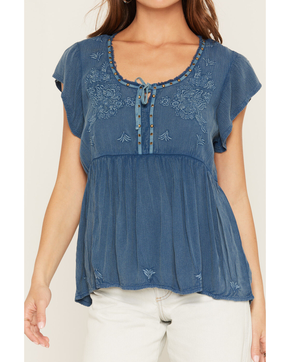 Image #3 - Shyanne Women's Embroidered Short Flutter Sleeve Shirt, Deep Blue, hi-res
