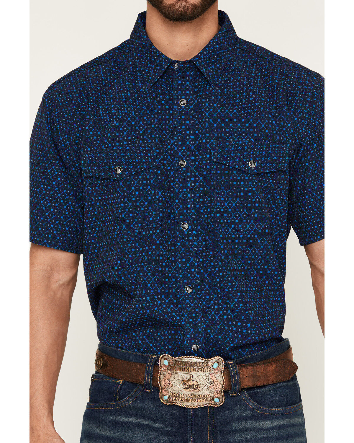 Image #3 - RANK 45&reg; Men's RODEOTEK&trade; 2.0 Sky Grid Geo Print Short Sleeve Snap Western Shirt, Navy, hi-res