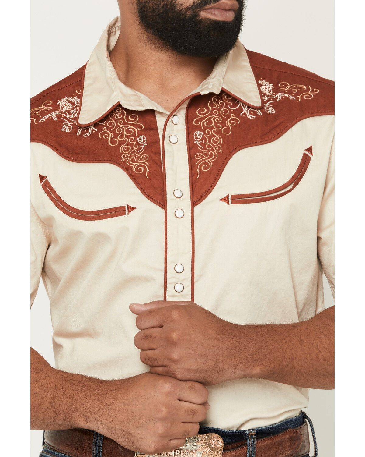 Image #3 - Sendero Provisions Men's Cody Embroidered Horse Short Sleeve Snap Western Shirt, Oatmeal, hi-res
