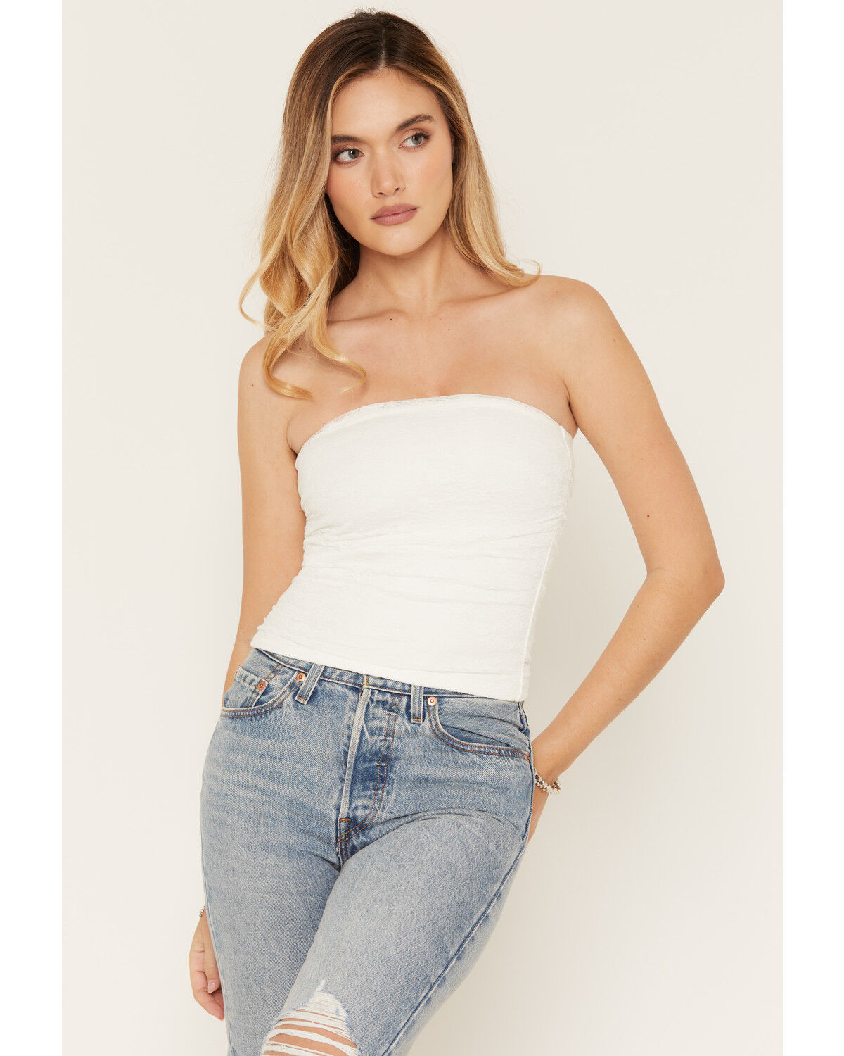 Image #3 - Cleo + Wolf Women's Lace Strapless Shirt, Ivory, hi-res