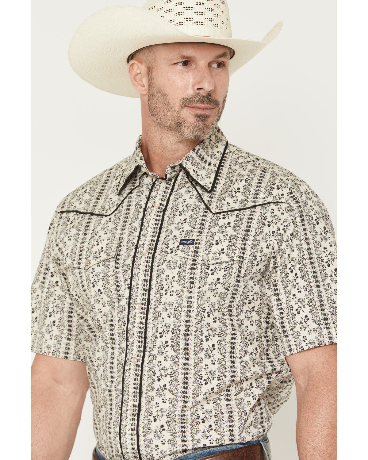 Image #2 - Wrangler Men's Vintage Brushpopper Floral Striped Print Short Sleeve Snap Western Shirt, Cream, hi-res
