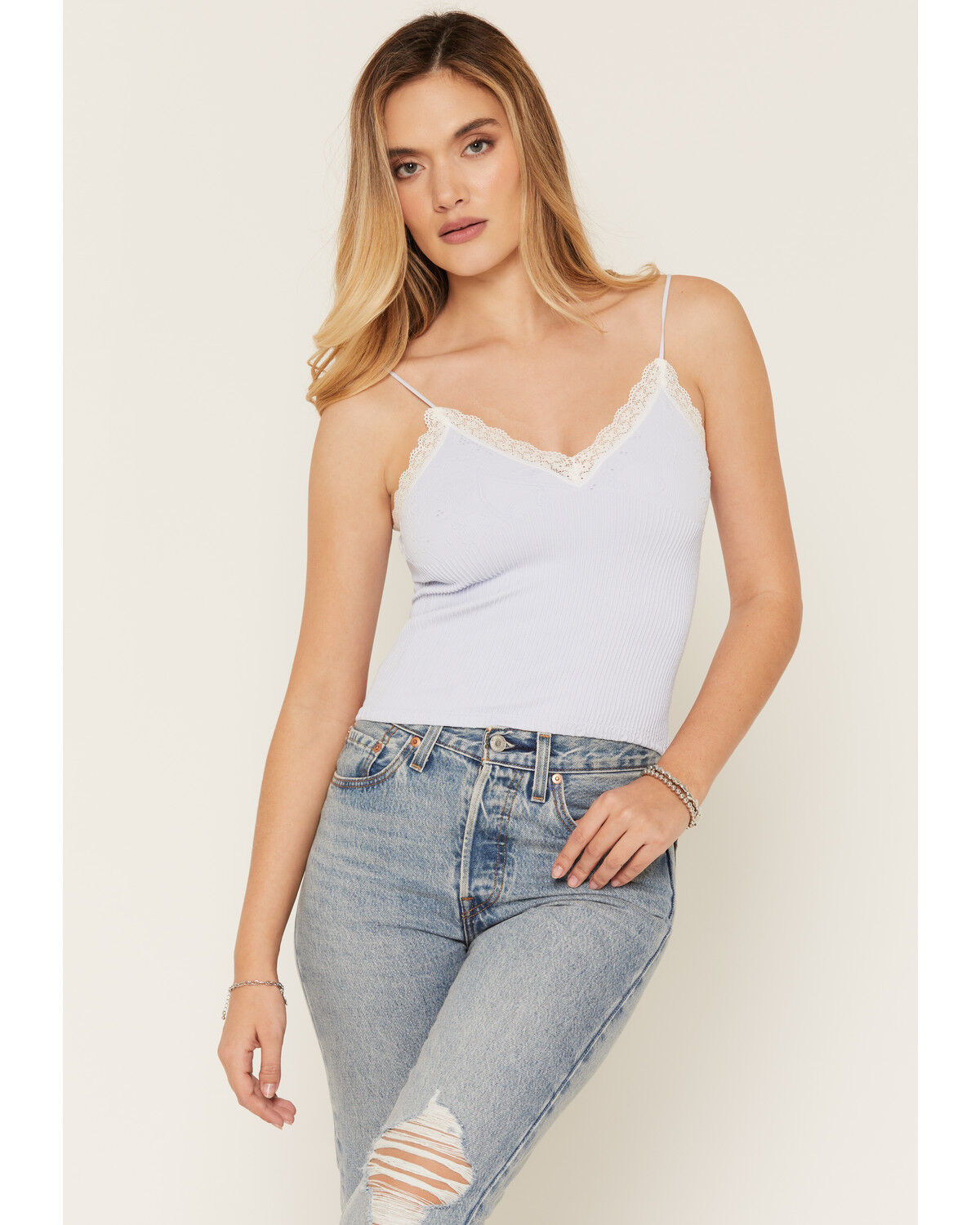 Image #1 - By Together Women's Lace Trim Sleeveless Tank Top, Blue, hi-res