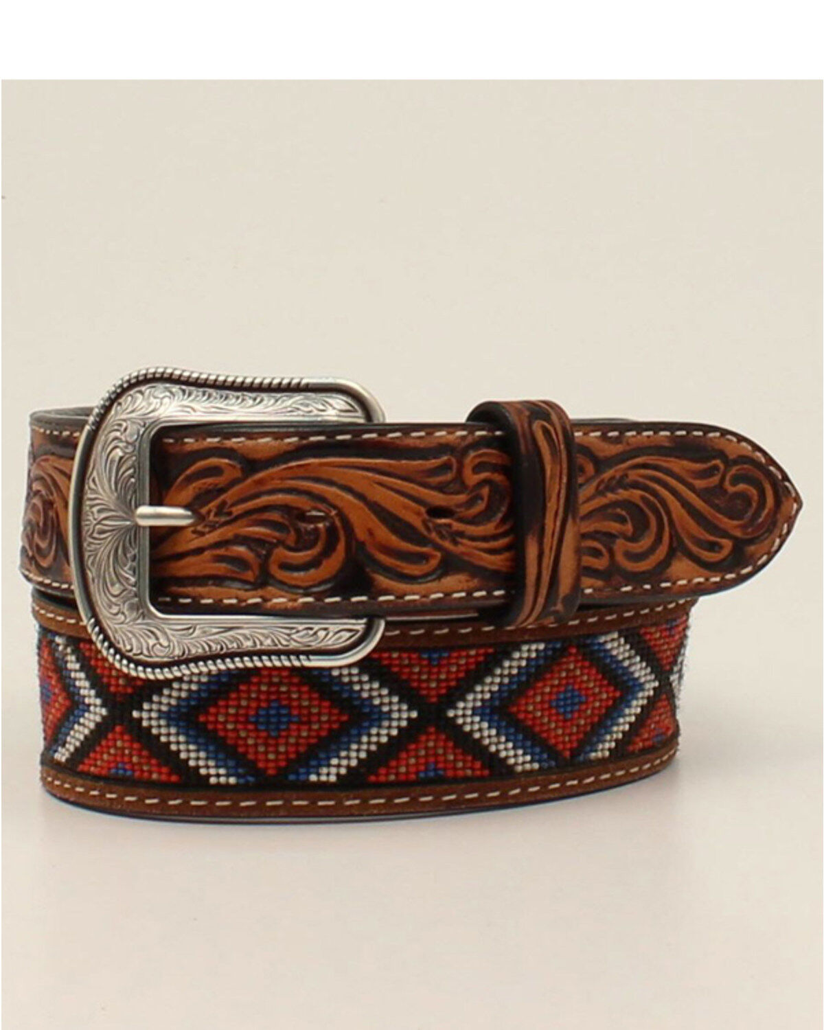 M & F Western Men's Tan Tooled & Beaded Inlay Leather Belt, Tan, hi-res