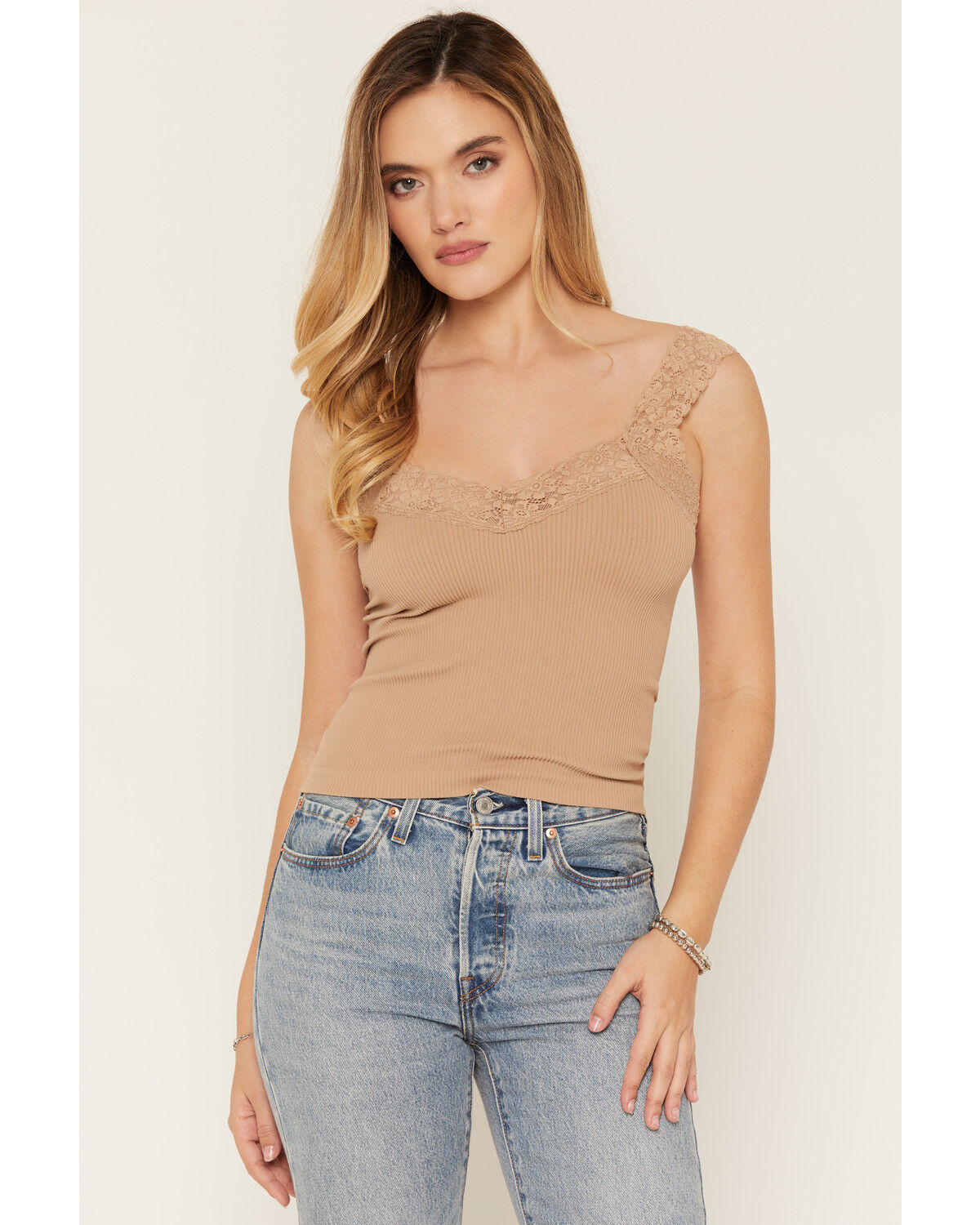 Image #1 - By Together Women's Solid Lace Trim Sleeveless Tank Top, Tan, hi-res