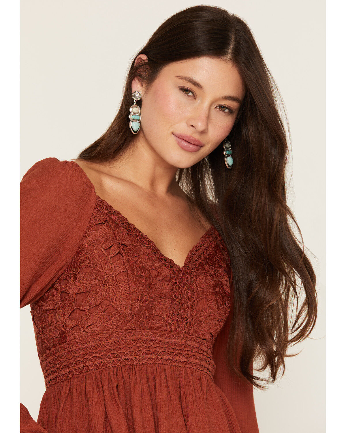 Image #2 - Shyanne Women's Crochet Lace Long Sleeve Shirt, Brick Red, hi-res
