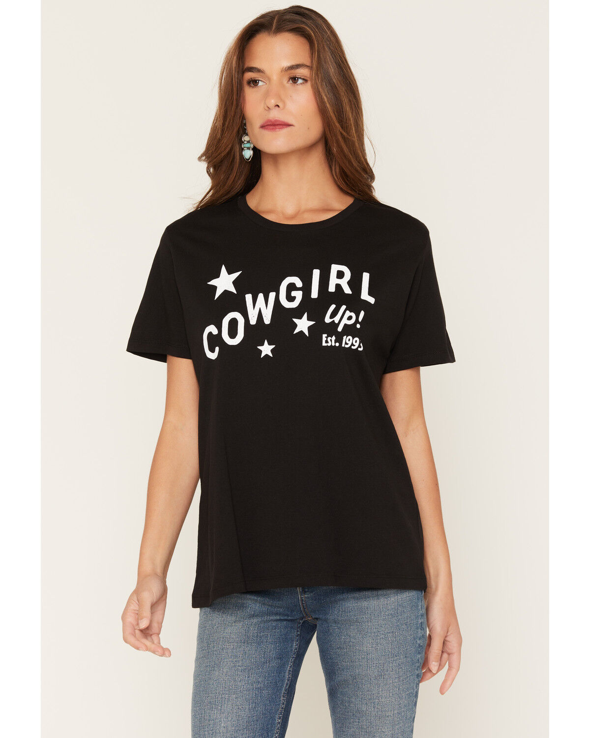 Cowgirl Up Women's Star Short Sleeve Graphic Tee, Black, hi-res
