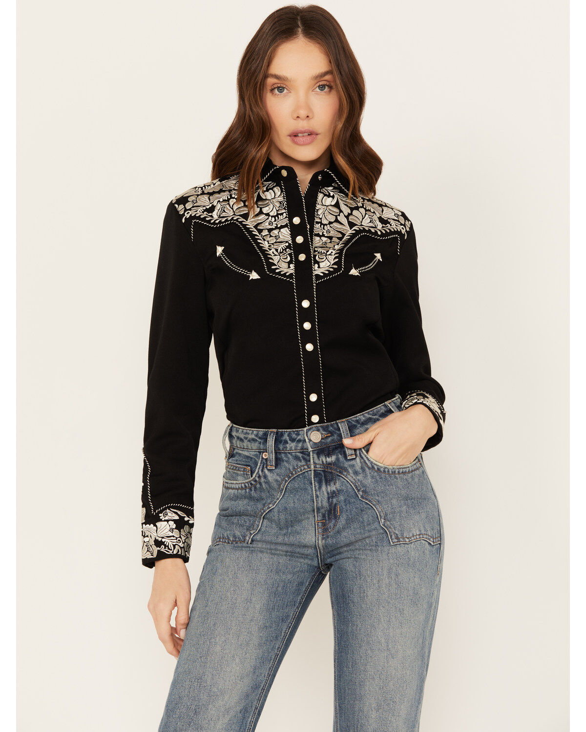Image #1 - Scully Women's Embroidered Long Sleeve Pearl Snap Western Shirt, Silver, hi-res