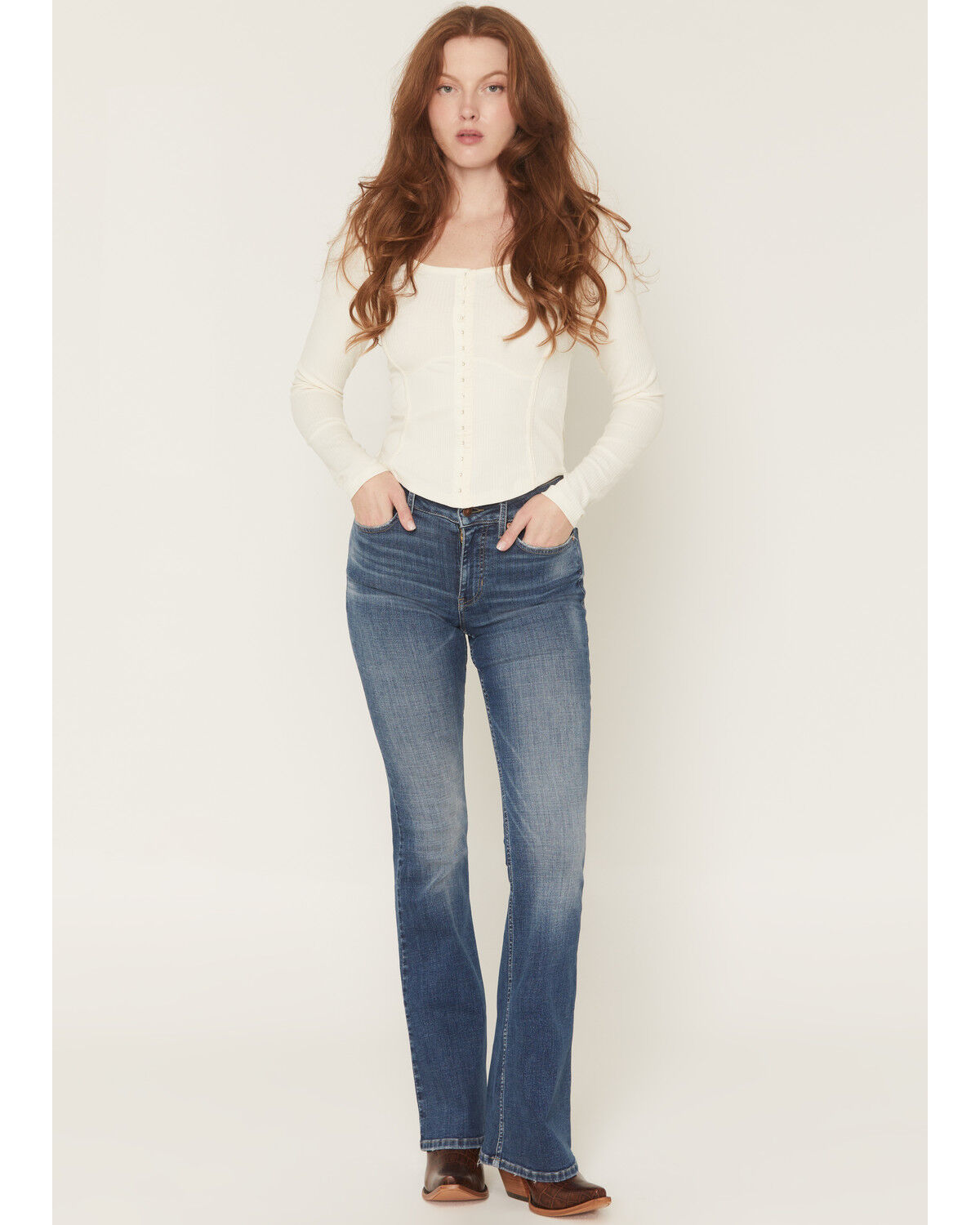 Shyanne Women's Archer Medium Wash Lune High Rise Flare Stretch Denim Jeans, Medium Wash, hi-res