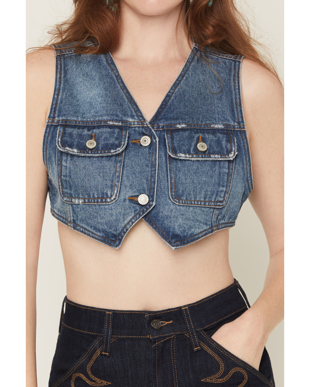 Image #3 - Ashley Women's Medium Wash Cropped Denim Vest, Medium Wash, hi-res