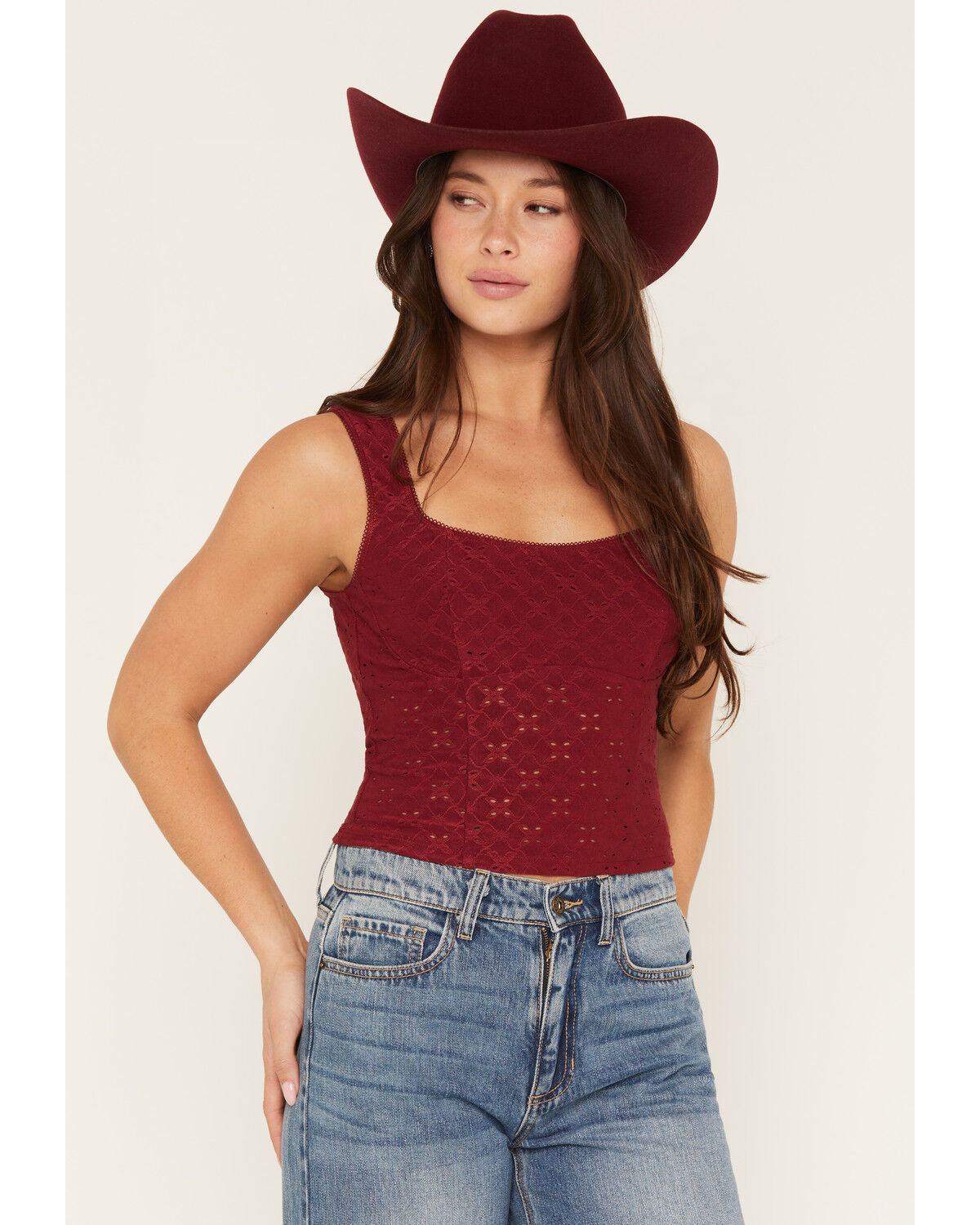 Ash & Violet Women's Solid Eyelet Sleeveless Tank Top, Red, hi-res