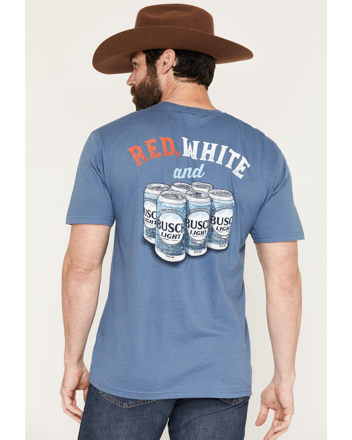 Jedco Men's Red, White & Busch Light Short Sleeve Graphic T-Shirt, Blue, hi-res