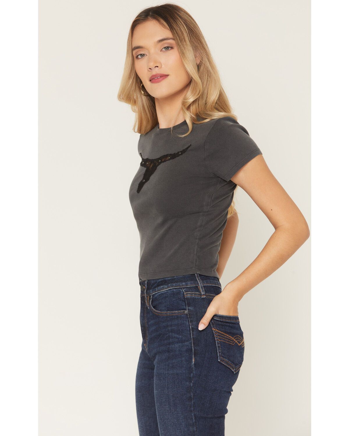 Image #2 - Youth In Revolt Women's Lace Steerhead Studded Short Sleeve Tee, Charcoal, hi-res