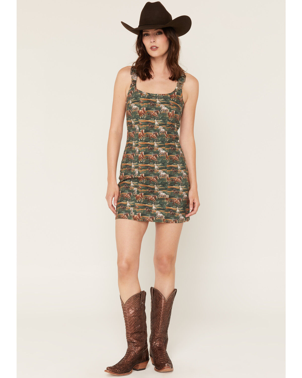 Image #1 - Rock & Roll Denim Women's Horse Print Sleeveless Mini Dress, Green, hi-res