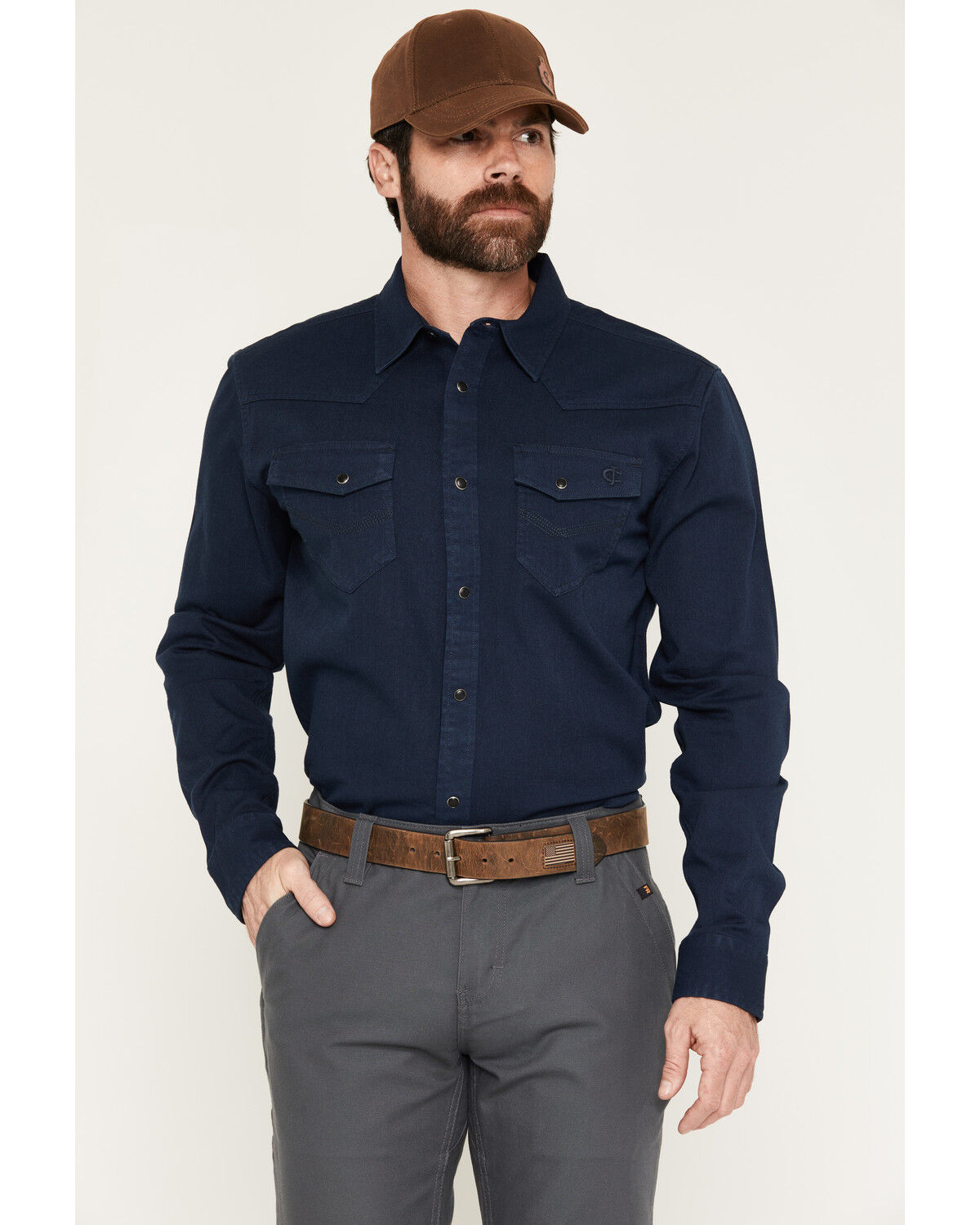 Cody James Men's FR Medora Solid Long Sleeve Snap Work Short, Navy, hi-res