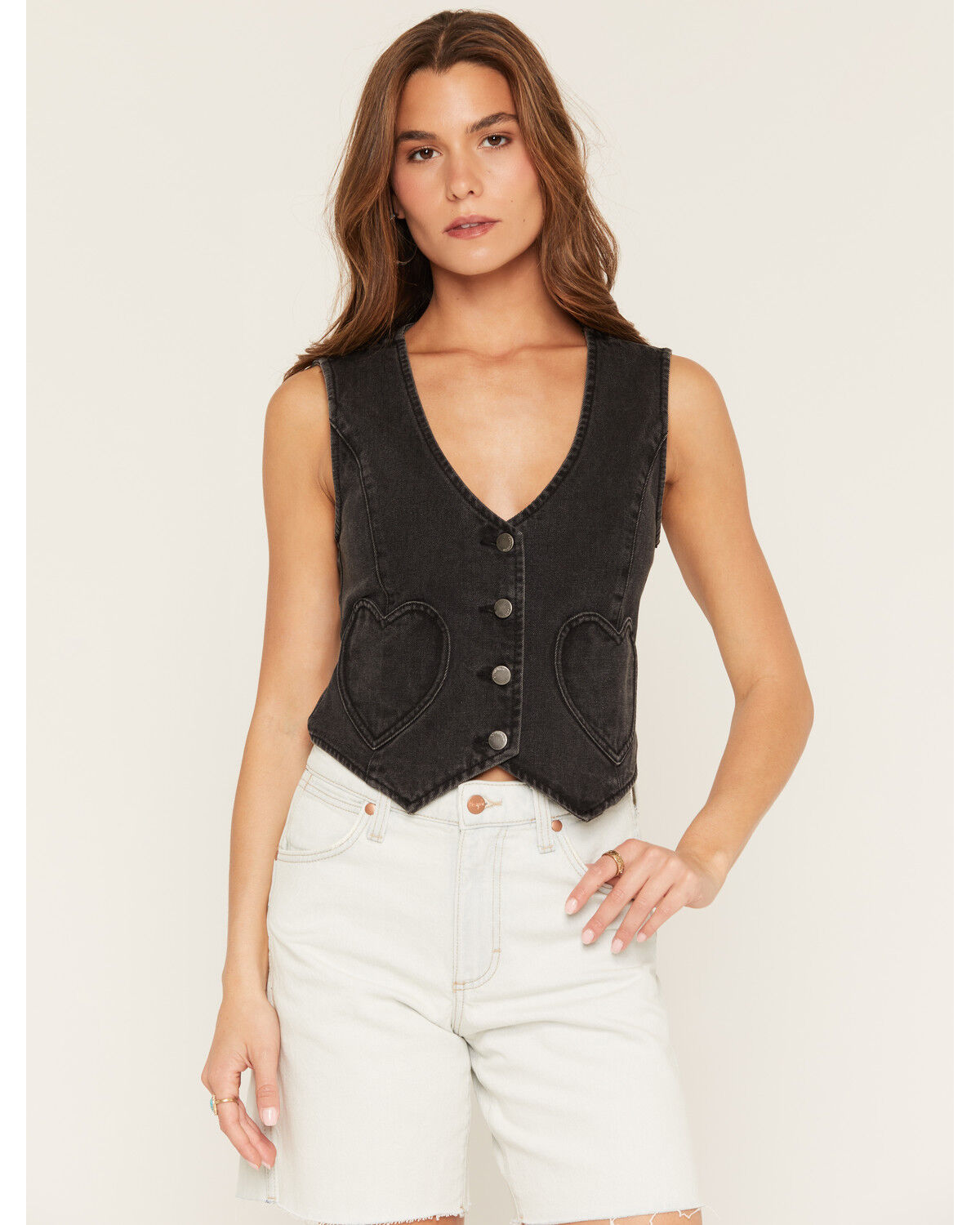 Image #1 - Ashley Women's Heart Pocket Fitted Denim Vest, Black, hi-res