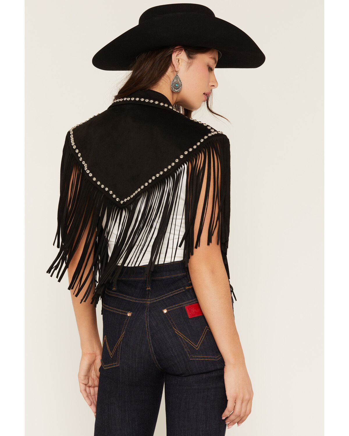 Image #4 - Saints & Hearts Women's Faux Suede Studded Fringe Capelet, Black, hi-res