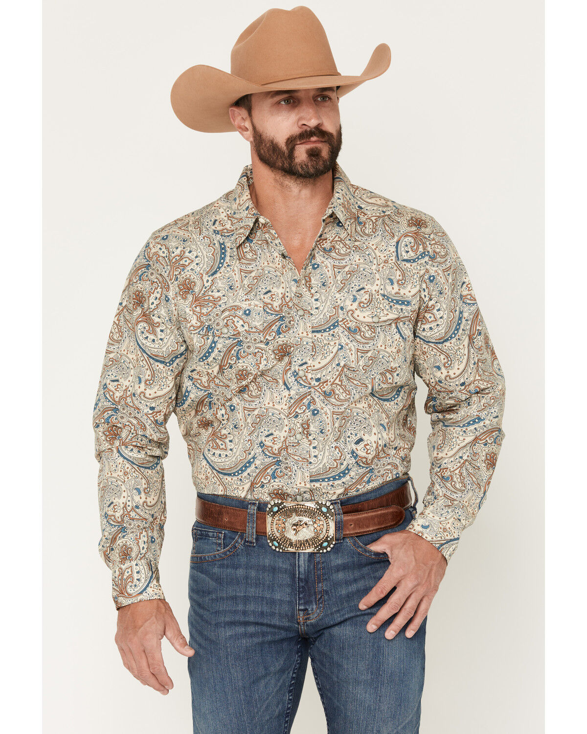 Image #1 - Gibson Trading Co Men's No Vacancy Paisley Print Long Sleeve Snap Western Shirt, Cream, hi-res