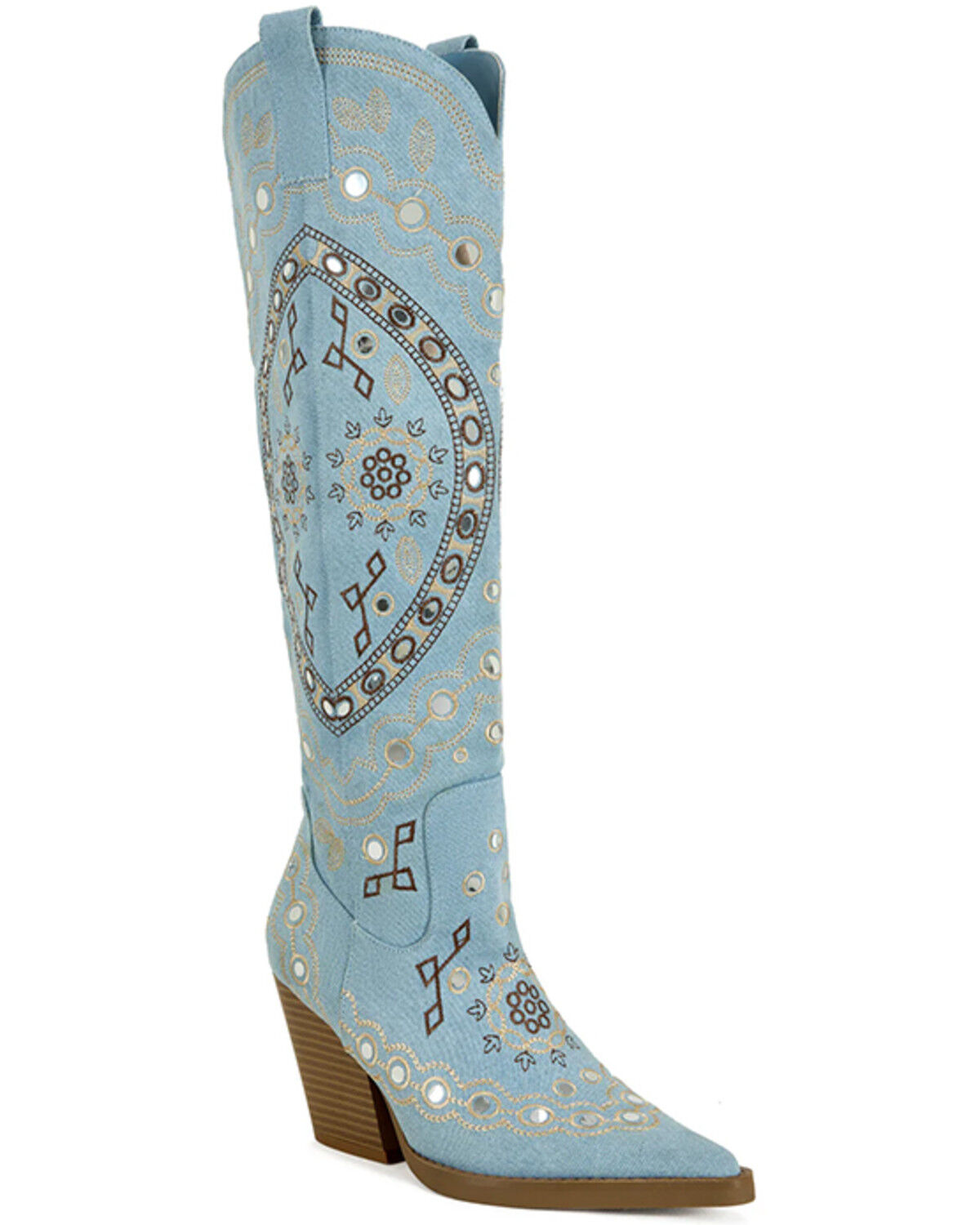 Azalea Wang Women's Aamina Embellished Denim Tall Western Boots - Round Toe, Blue, hi-res