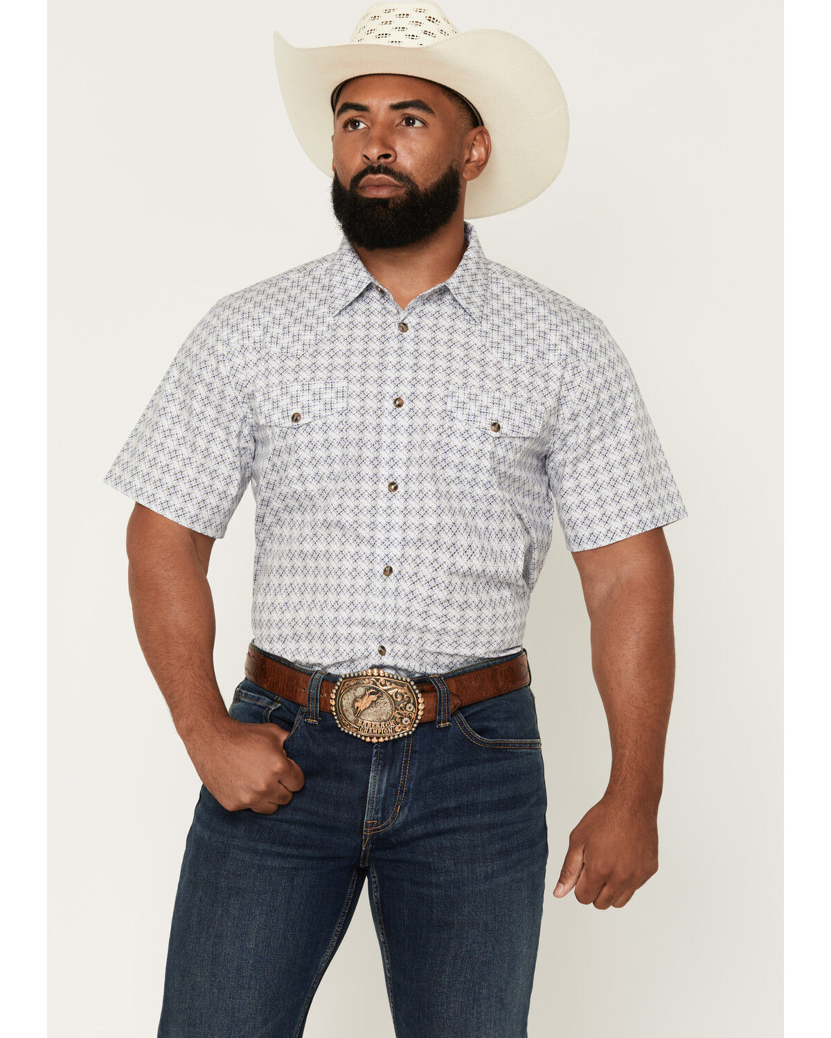 Image #1 - Gibson Trading Co Men's Vibe Check Geo Print Short Sleeve Snap Western Shirt, White, hi-res